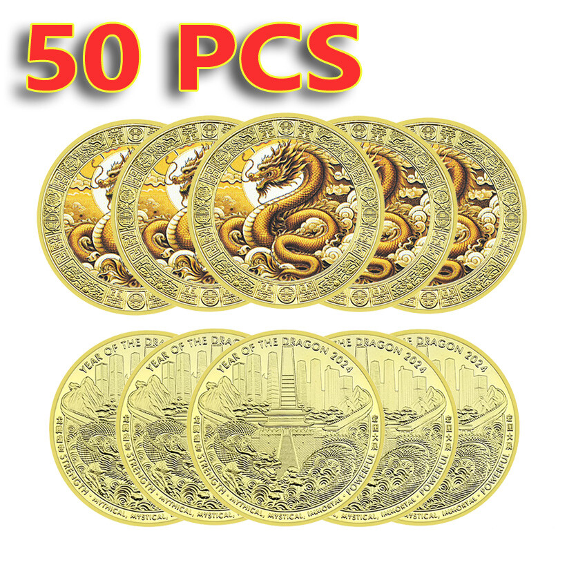 2024 Chinese Zodiac Dragon Gold Plated Commemorative Coin Medal 50PCS