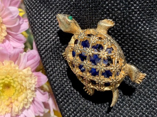 Vintage Signed DeNicola Figural Turtle Rhinestone & Caged Beads Brooch / Pin - Picture 8 of 8