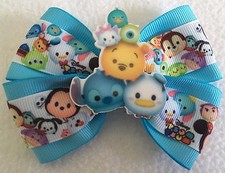 Girls Hair Bow 4" Wide Tsum Tsum Aqua Blue Tsum Stack Flatback French Barrette
