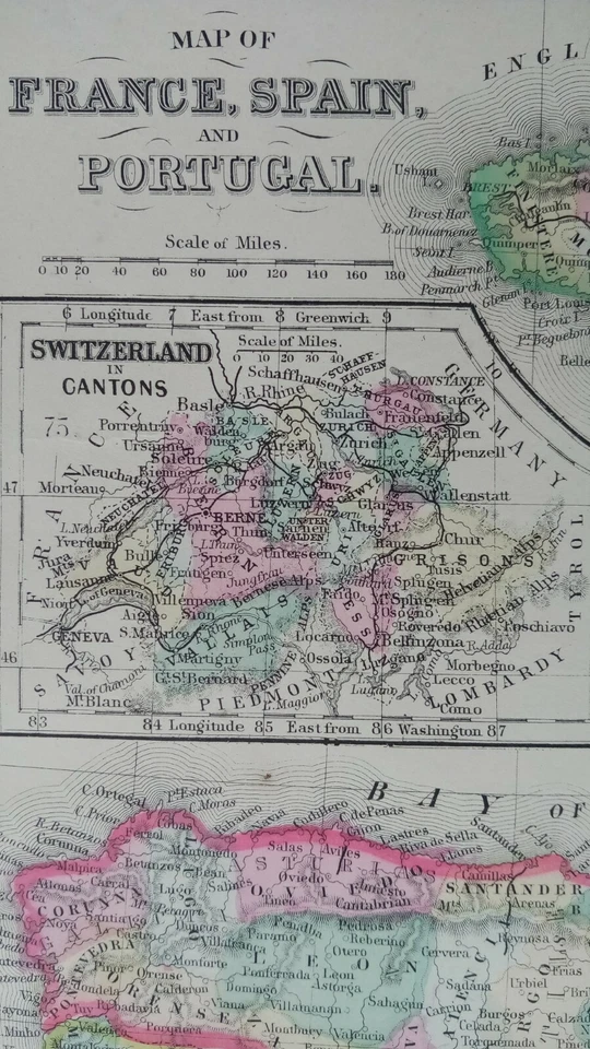 Mapa de Francia, España y Portugal 1867 con mapas de Suiza y Córcega Antiguo Foto 4 de 4