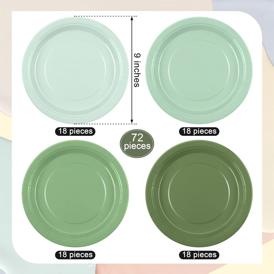 72 Pieces 9 Inch Gradient Green Paper Plates Disposable Heavy Duty