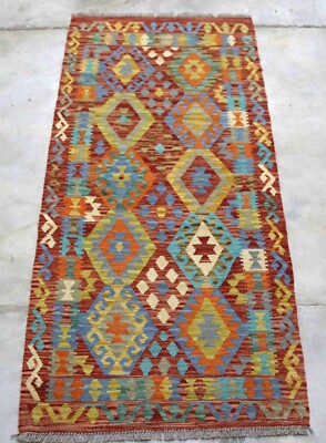 Afghan Kundoz Handarbeit Nomadenstamm Rot Mehrfarbig Wolle Kelim Läufer 90x194cm