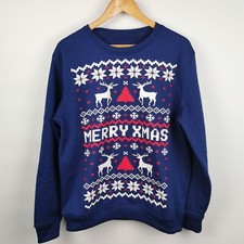 Merry Xmas Christmas Jumper Blue Snowflake Reindeer Design L Large