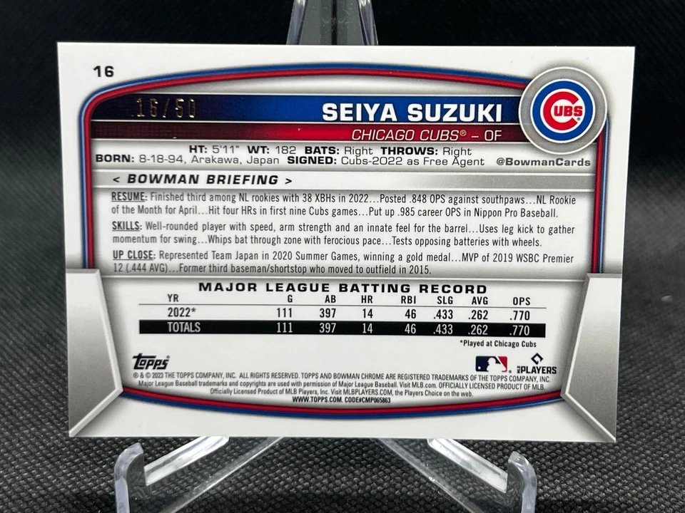 2023 Bowman Chrome SEIYA SUZUKI GOLD REFRACTOR CHICAGO CUBS 16/50 #16 - Image 2 of 2