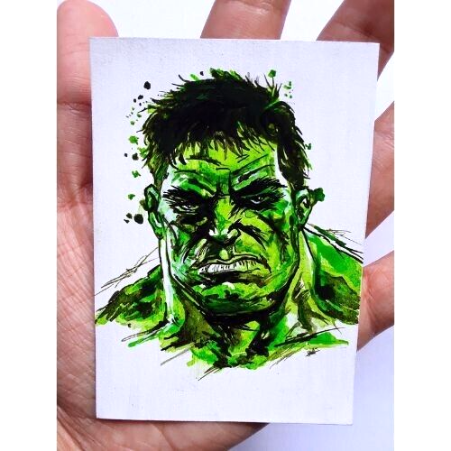 02 Stck. ACEO Original Hulk Held Cartoon Kunst Karten Set Acryl Handmalerei NEU - Bild 5 von 8