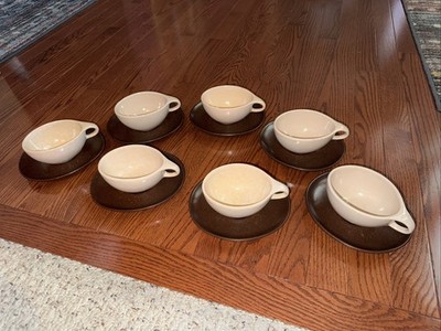 MCM Roseville Pottery Raymor Ben Seibel White Cup/Autumn Brown Saucer - Set of 7