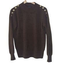 Elie Tahari Brown 100 Cashmere Mock Neck Button Shoulder Sweater XS
