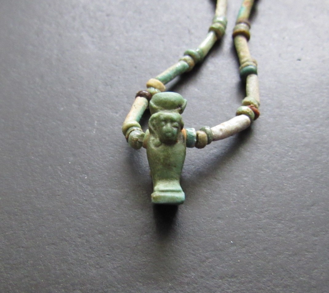 NILE  Ancient Egyptian Harpocrates  Amulet Mummy Bead Necklace ca 600 BC