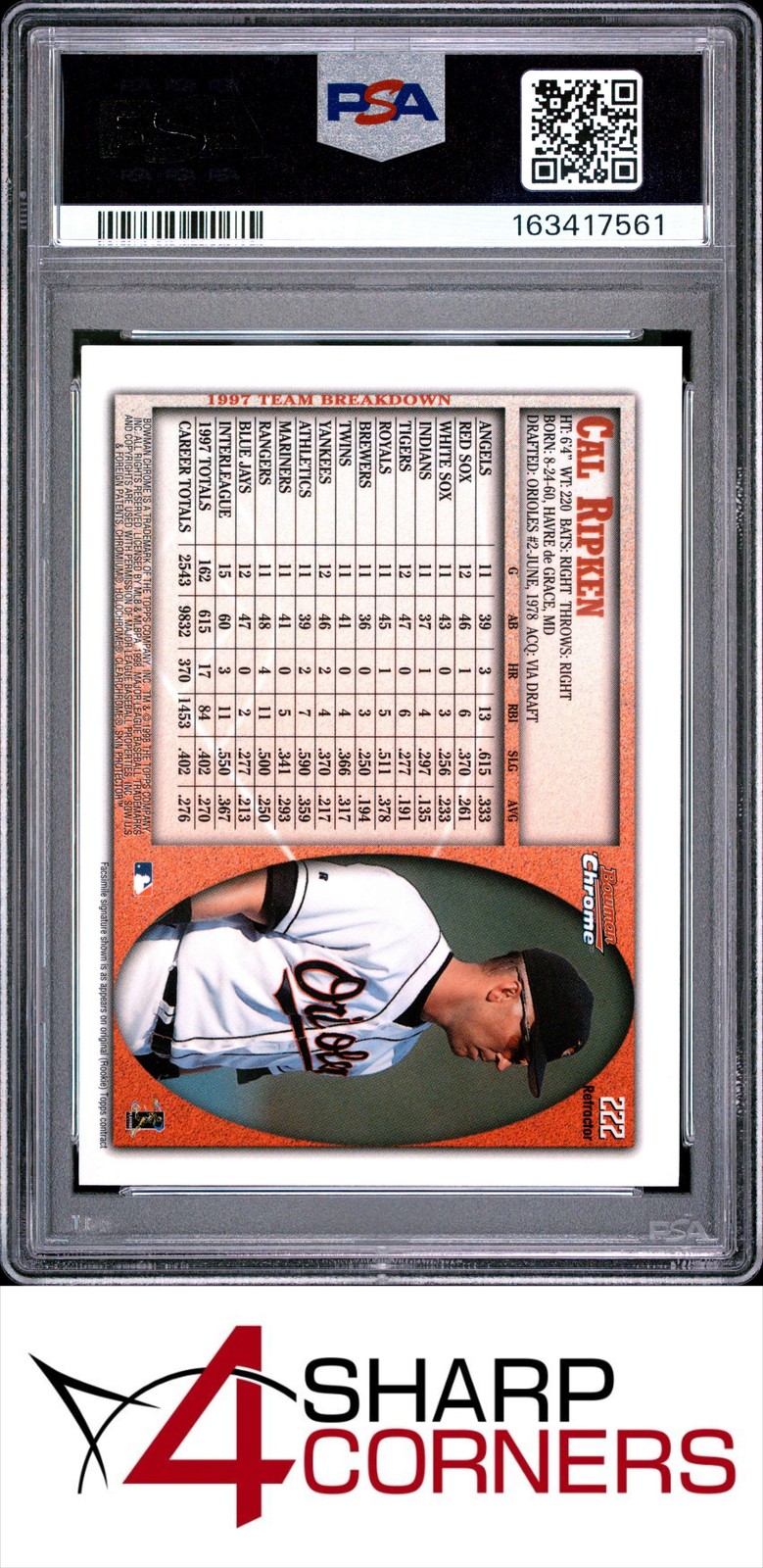 1998 BOWMAN CHROME INERNATIONAL REFRACTOR #222 CAL RIPKEN JR. PSA 9 view 2