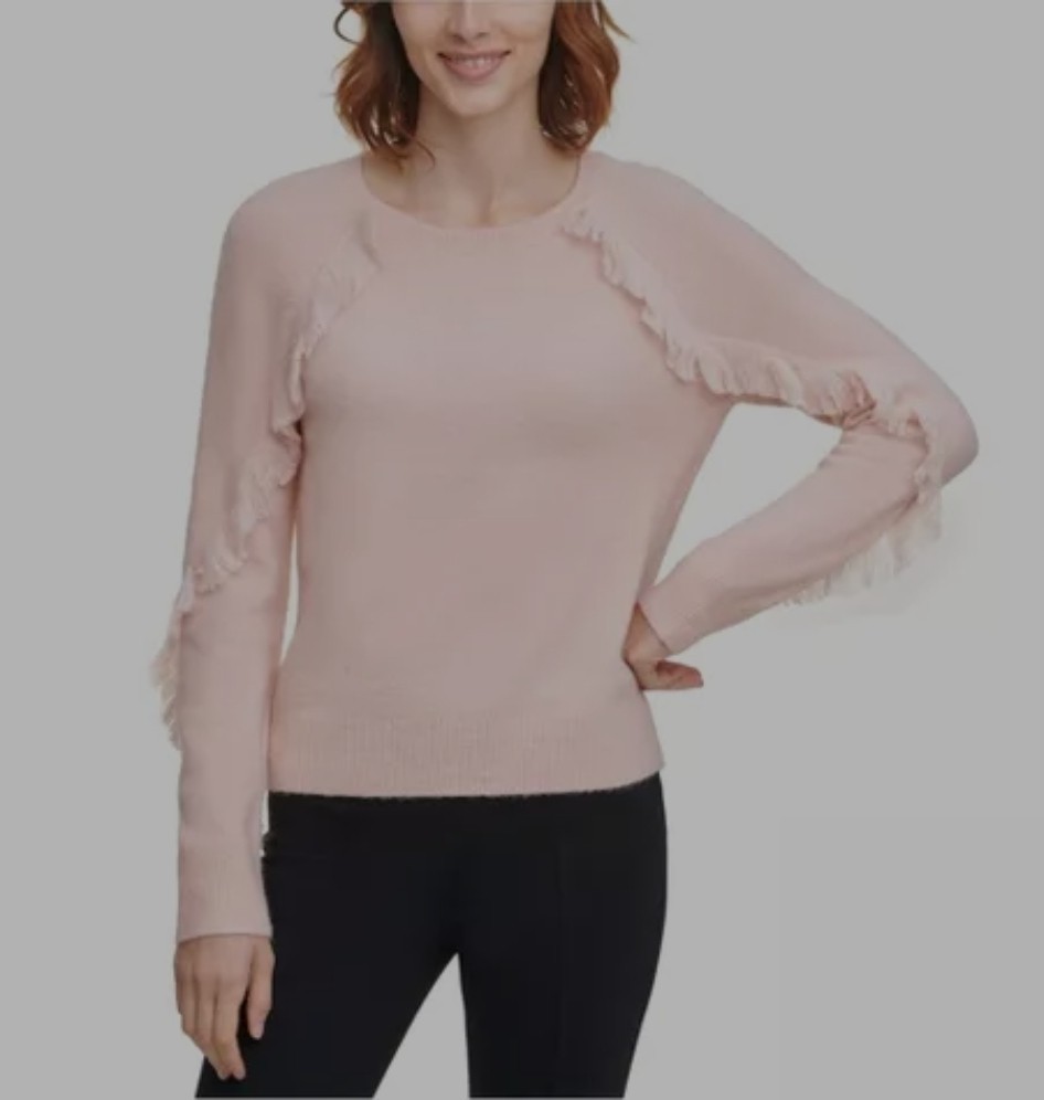 Calvin Klein Fringe Trim Pullover Sweater XL Blush Pink Boho Chic Cozy Holiday