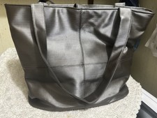 Metallic Gray Tote Shoulder Bag Snap Closure Stitching Accents Inner Pockets