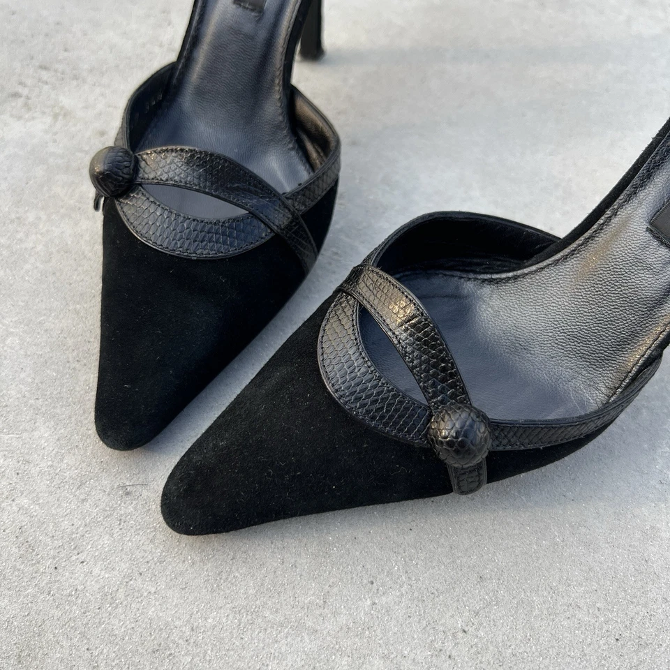Sergio Rossi | Auténtico Vintage Cuero Gamuza Negro Pitón Punta Puntera (34.5) Foto 3 de 4