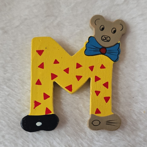 Handmade Wooden Nursery Wall Letter M Bear Motif Yellow Red Blue Black Beige
