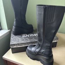 DEMONIA SHAKER-100 Women's Black Wedge Platform Vegan Leather Knee High Boots
