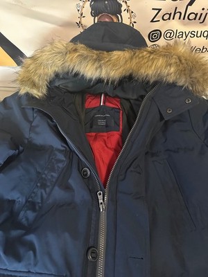 Tommy Hilfiger Parka Down Jacket Mens XXL Navy Hooded Fur Trim Heavyweight