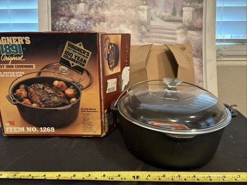 NOS Wagner Cast Iron 5 Qt Dutch Oven 1268 w/ Pyrex Glass Lid NOICE NIB