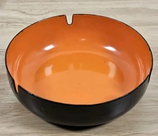 Vintage MCM Huta Silesia Enamel Metal Ashtray Black Orange Made In Poland
