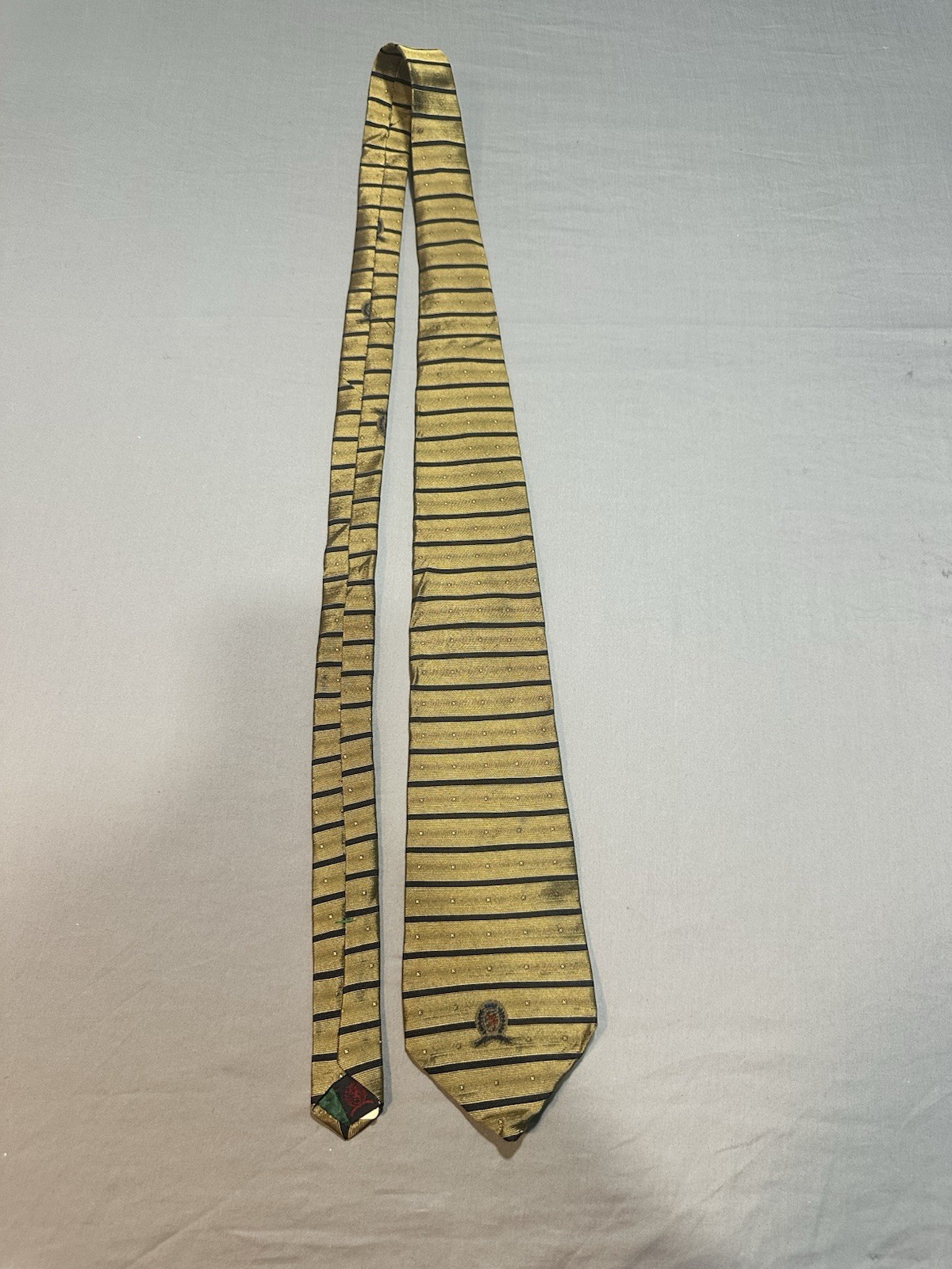 VTG Tommy Hilfiger Gold Metallic Striped Logo Neck Tie