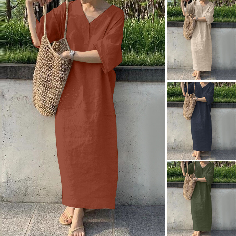 ZANZEA Womens 3/4 Sleeve V Neck Long Dress Casual Summer Abaya