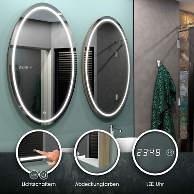 LED Oval Badspiegel PANAMA | Abdeckung | Lichtschaltern | Uhr | 3 Rahmenfarben