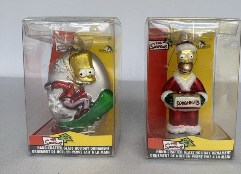Simpsons Homer & Bart Christmas Hand-Crafted Glass Ornaments LOT OF 2  PHOTOS