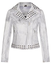 Damen Leder Weiss Nieten Bikerjacke Brando Motorrad Gothic Stil Jacke