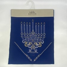Design Imports - Blue Embroidered Menorah Hanukkah Table Runner Decor 14" x 68"
