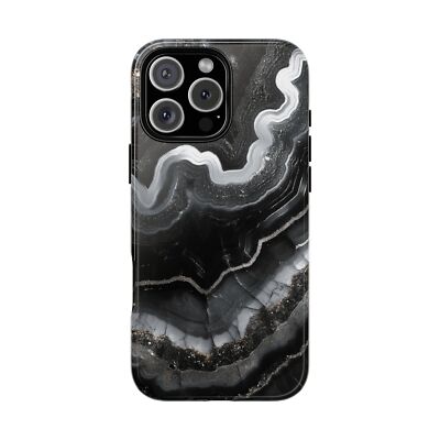 For iPhone/Galaxy/Pixel - Phone Ink Case - Black Silver Geode Agate Rock