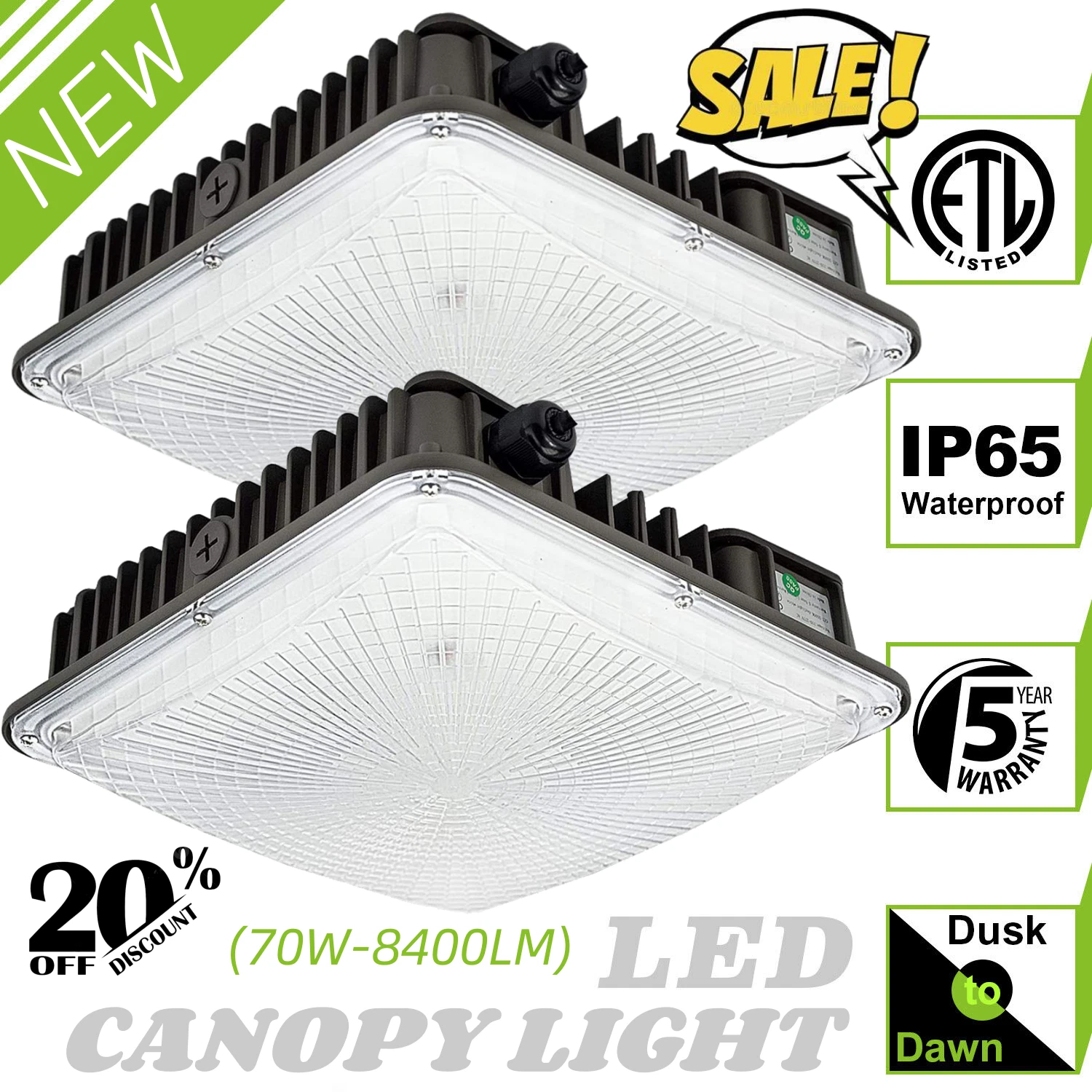WYZM LED Canopy Light 70W =250W~300W MH Equal 7800LM 5500K 110-130Vac (2-Pack)