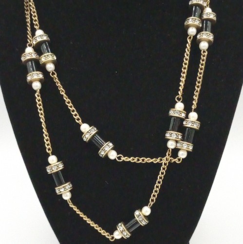 J. Crew Gold Tone Black Enamel Rhinestone Rondelle & Faux Pearl Beaded Necklace - Picture 11 of 11