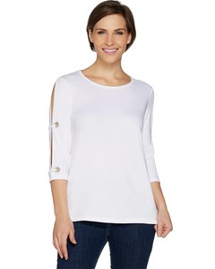 Quacker-Factory-Womens-Split-Sleeve-Top-Large-Rhinestone-Grommets-White-A302762