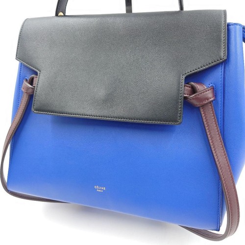CELINE Trapeze Leather Shoulder Handbag Blue Black Medium Authentic 3-GA-4174