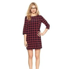 Gap Womens Black Red Windowpane Grid Shift Dress 3/4 Sleeve Size S Round Neck