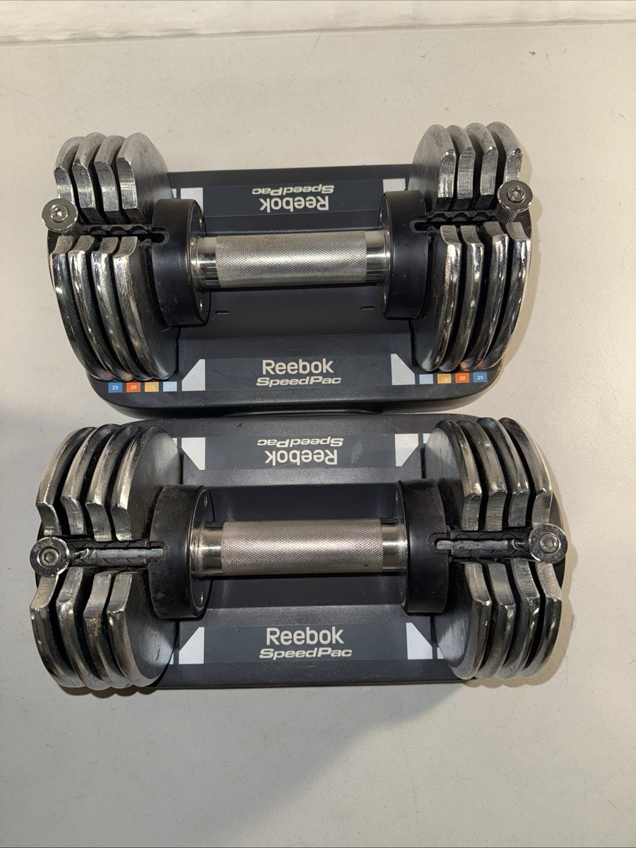 2 Reebok Speed Pac 25 LBS Adjustable Dumbbell Weights & Base READ