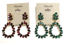 NEW NATASHA RED,DARK GREEN CRYSTAL,GOLD TONE PEAR SHAPE DROP EARRINGS
