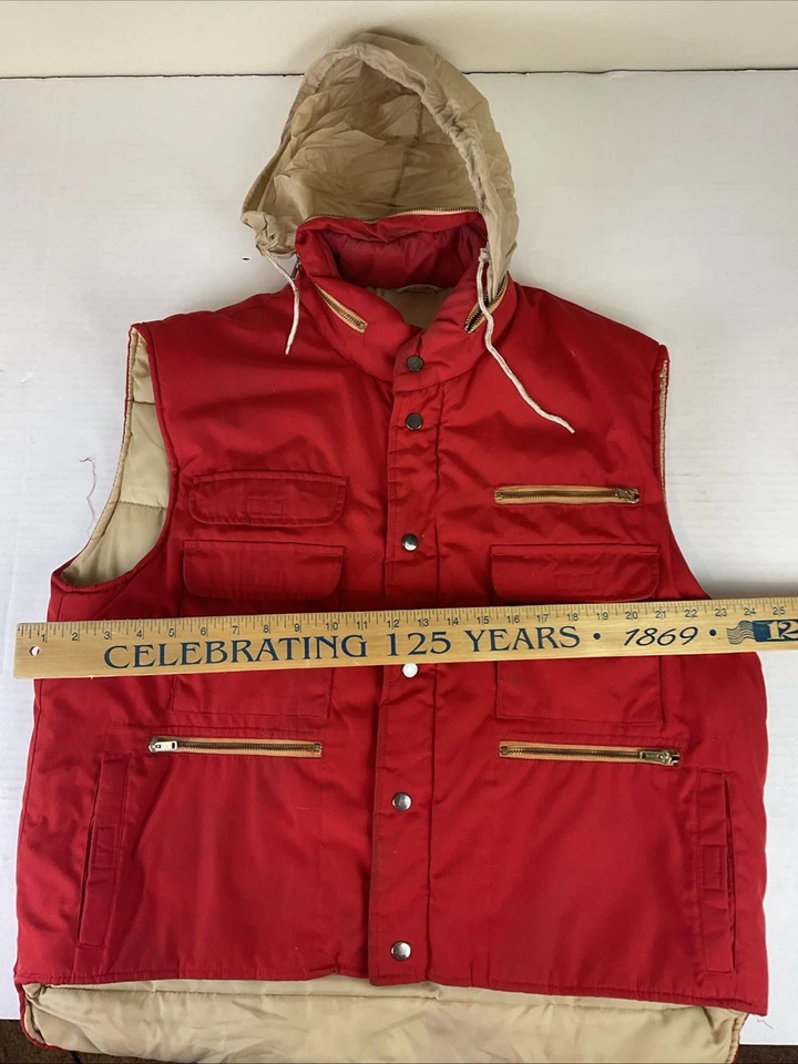 Vintage SEARS Fieldmaster Mens XL Puffer Vest Red Quilted Full Zip Pockets Hood - Image 4 of 4