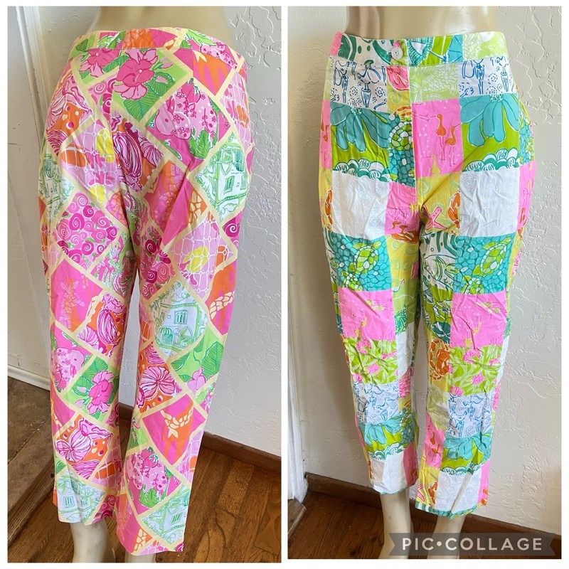 Vtg LOT 2 Lilly Pulitzer White Label Patchwork Zoo & Ocean Critters Pants Sz 14