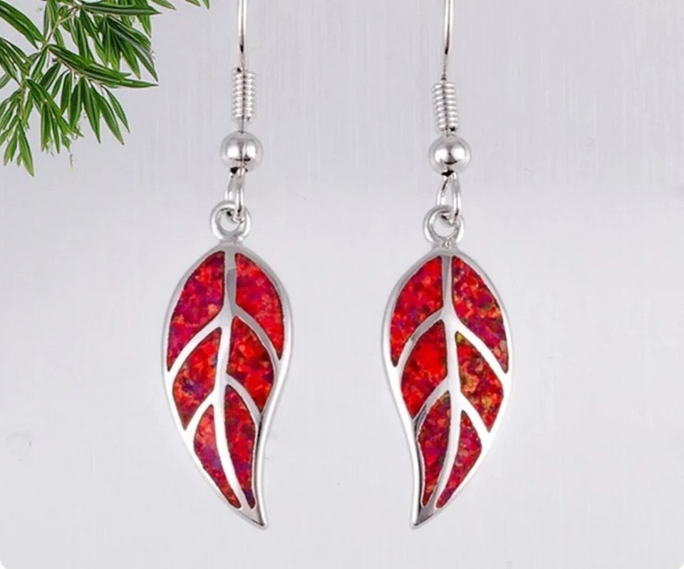 Seltene Rote Opal Blatt Ohrringe versilbert rote Feueropal Ohrringe in Siber rot - Bild 2 von 4