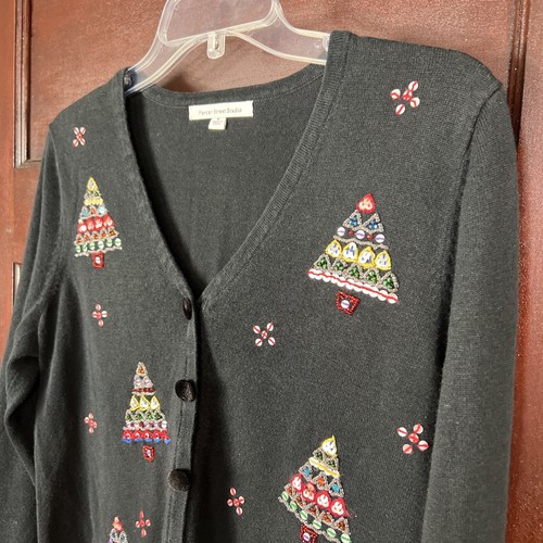 Mercer Street Studio Medium Cardigan Sweater Beaded Christmas Trees Holiday - Picture 2 of 16