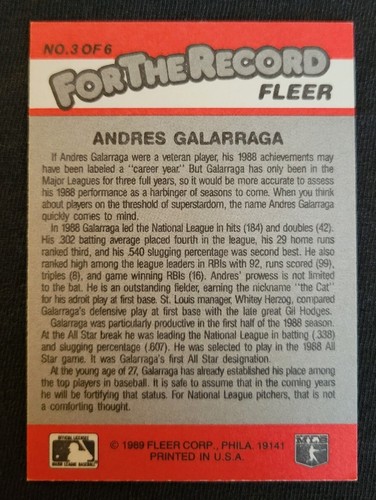 MLB Andreas Galarraga 1B Montreal Expos 1989 Fleer For The Record Sub-Set #3of6! - Picture 2 of 5