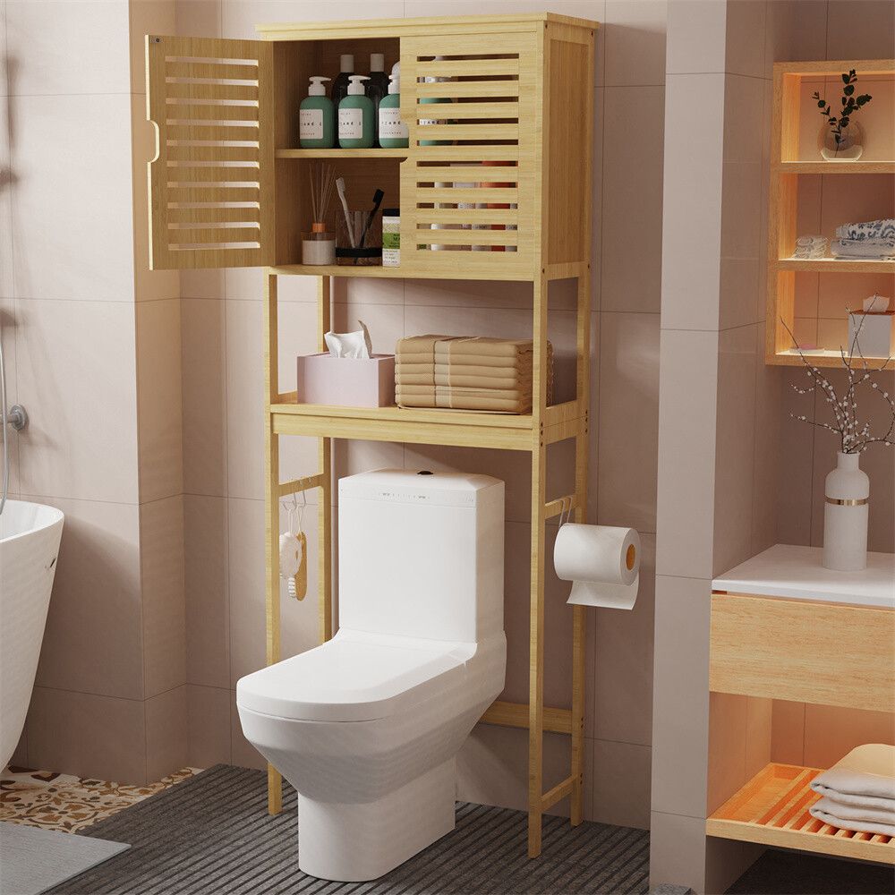 Bamboo Tall Bathroom Organizer Over The Toilet Space saver Storage Shelf Cabinet