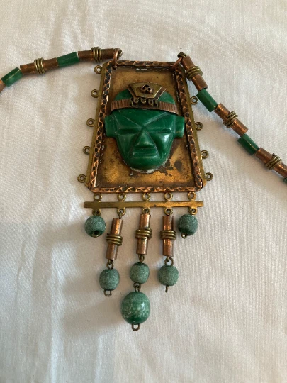 Vtg CASA MAYA MEXICO jade Mayan Aztec native copper brass head