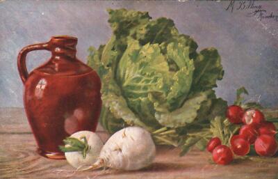 VINTAGE M. Billing Still Life Vegetables Cabbage Turnips Wine POSTCARD - UNUSED