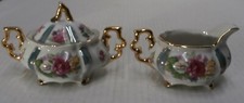 Antique Victorian Porcelain Small Creamer & Sugar - Rose Floral - Gold Trim -s5b