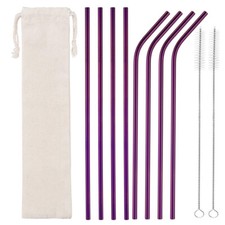 8x Premium Stainless Steel Purple Reusable Straws, 2 Clean Brush, Eco Travel Bag
