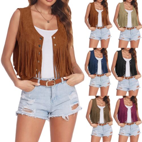 Women Fringe Vest Open-Front Vintage Vest Sleeveless 70s Boho Western Jacket