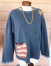 AUTHENTIC PIGMENT SWEATSHIRT Roomy L BIG Applique Flag Pocket Fuzzy Trim EZ CARE