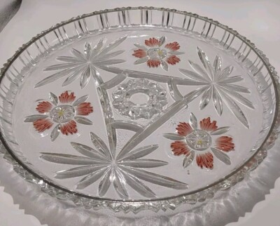 Vintage Kuchenplatte aus klarem Bleikristall mit bemalten roten Blumen