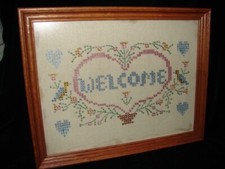 Vintage Handmade Paint to look like Needlepoint Oak Wood Framed Picture w/Glass