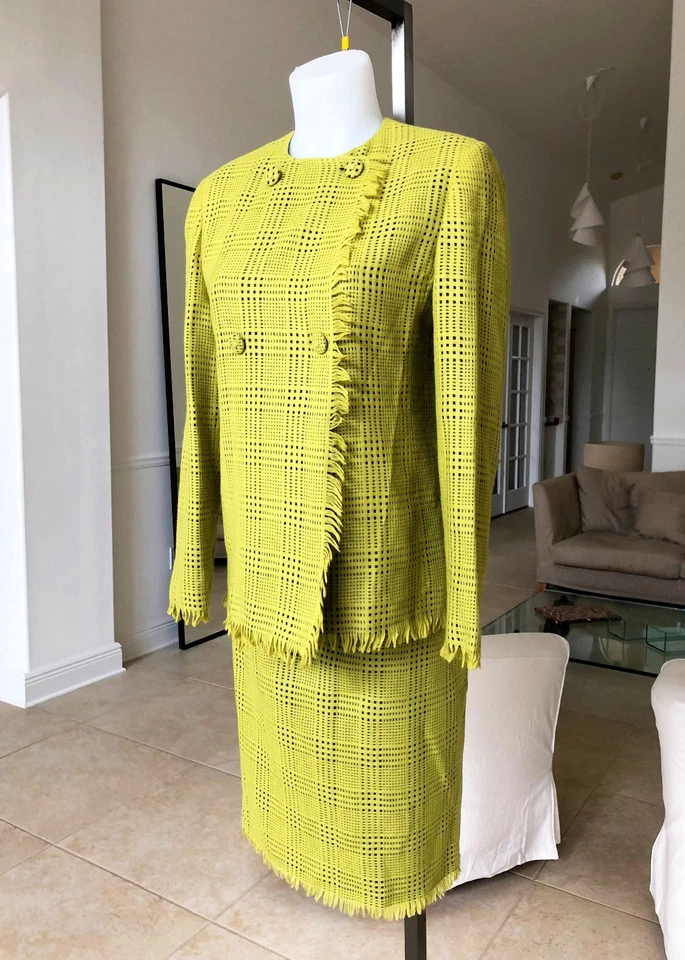 Gianni Versace 1998 verde lima cuadros lana deshilachada angora falda traje talla IT 40/42 Foto 4 de 4
